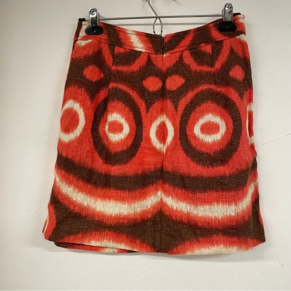 Tory Burch X Bergdorf Goodman Orange & Brown Linen Pleated Mini Skirt Womens 4